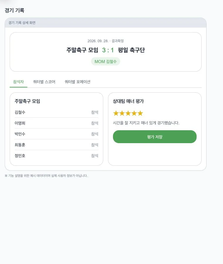 실제 경기 상세 기록과 매너 평가 화면