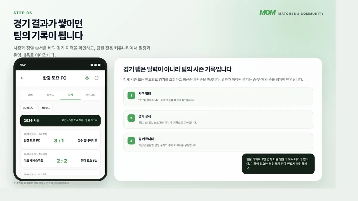 MoM 팀별 경기 시즌 필터와 전적 화면