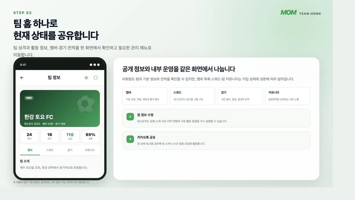MoM 팀 홈과 멤버 스쿼드 경기 커뮤니티 탭