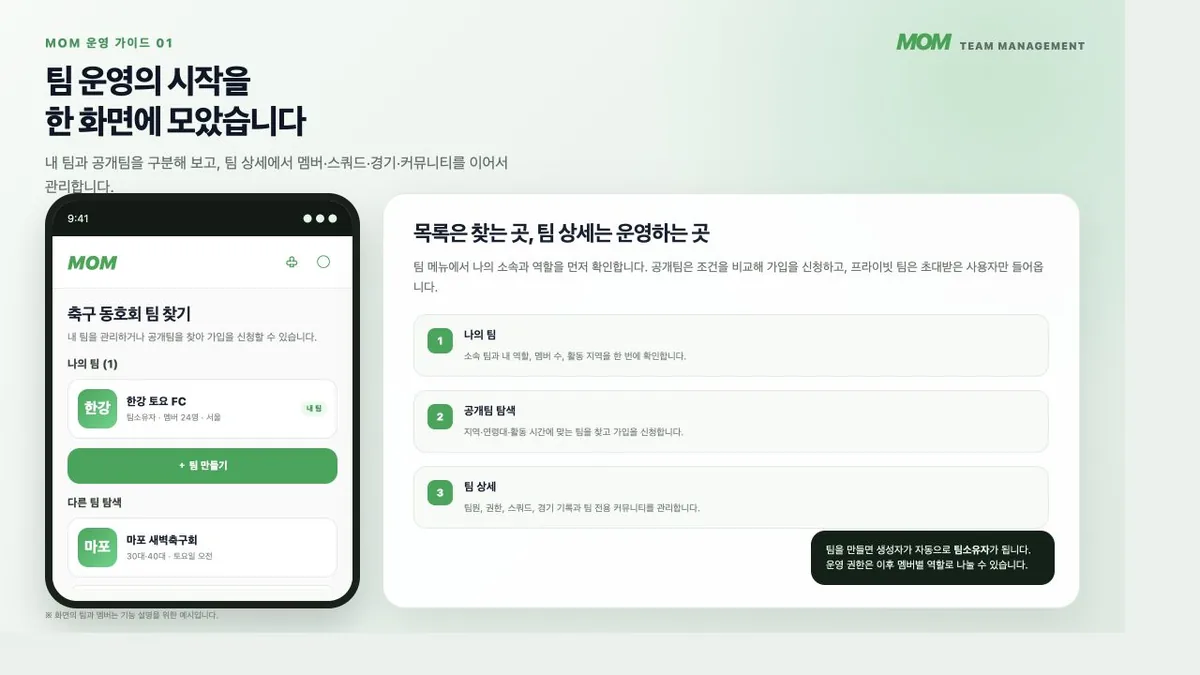 MoM 팀 목록과 팀 상세 관리 구조